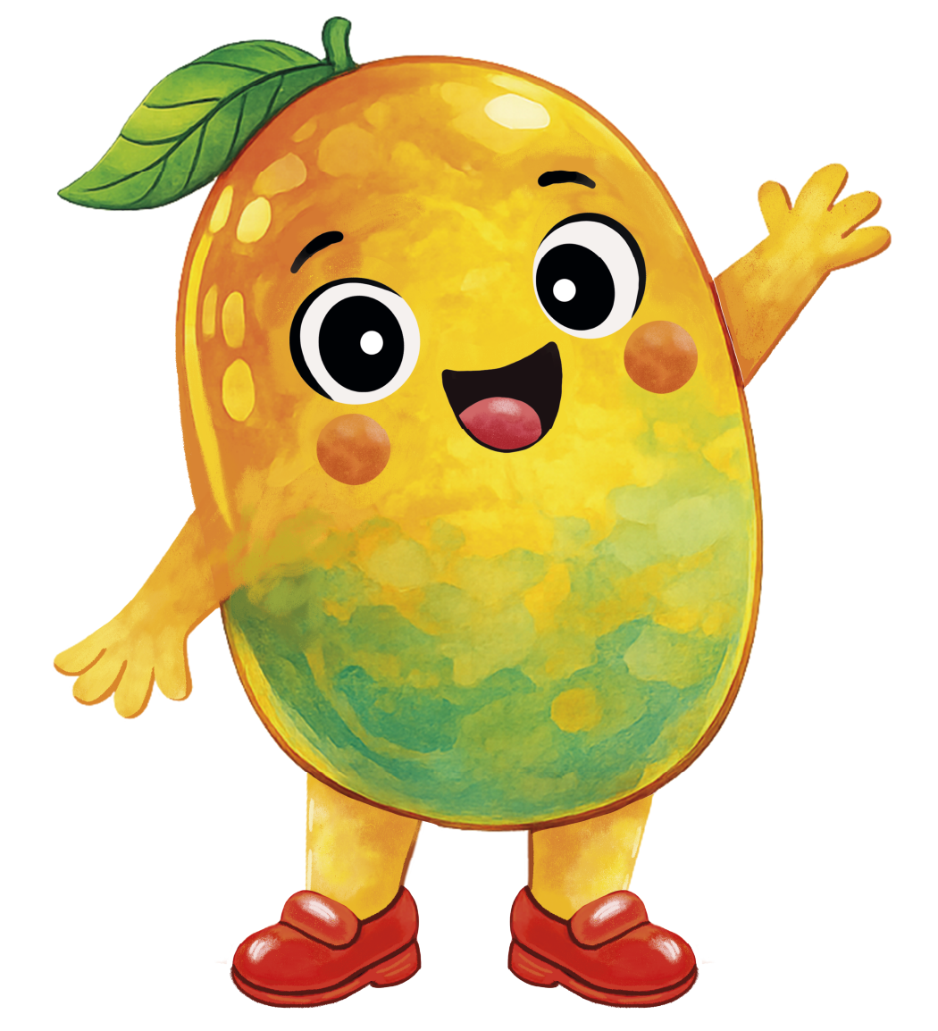 Cartoon mango character with a happy expression on a white background